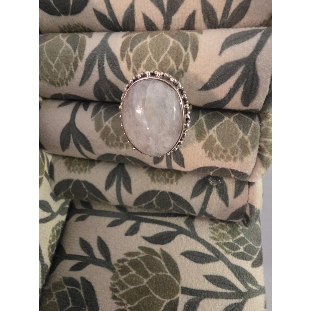Sterling Silver 925 Oval Moonstone Cabochon Beaded Bezel Statement Ring Size 7